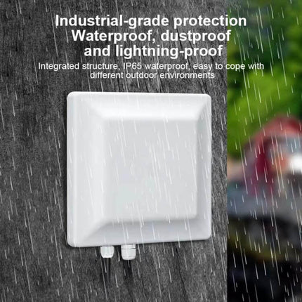 Versatile UHF RFID Reader for Long-Range Asset Management mounted outdoors, industrial-grade waterproof IP65 housing in rain