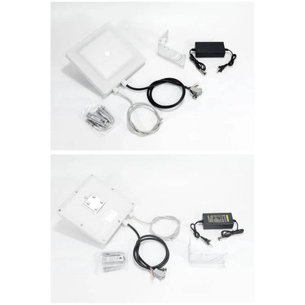 UHF RFID Reader for Long Range Asset Tracking with WiFi Support showing antenna, cables, power adapter, and mounting hardware