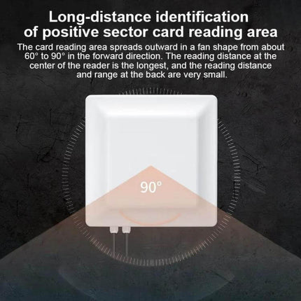 UHF RFID Reader for Long Range Asset Tracking with WiFi Support mounted on wall showing 90° long-distance card reading area diagram