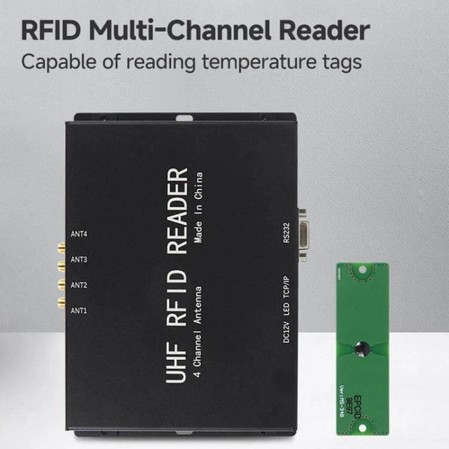 4-Channel UHF RFID Reader for Electric Power Temperature Monitoring - black UHF multi-channel reader with temperature tag antenna for industrial monitoring