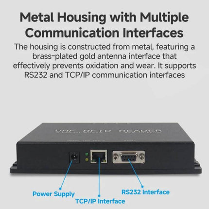 4-Channel RFID Temperature Reader for Power Monitoring metal housing showing power supply, TCP/IP and RS232 interfaces