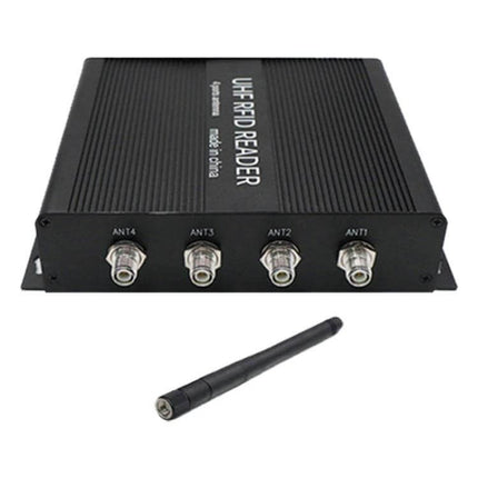 RFID Reader for Industrial Access Control and Inventory Management black four-channel UHF reader with detachable antenna for warehouse scanning up to 20m