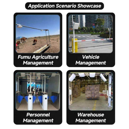 Fixed 8-Channel RFID Reader for Warehouse Inventory Management showing application scenarios: agriculture, vehicle, personnel and warehouse management