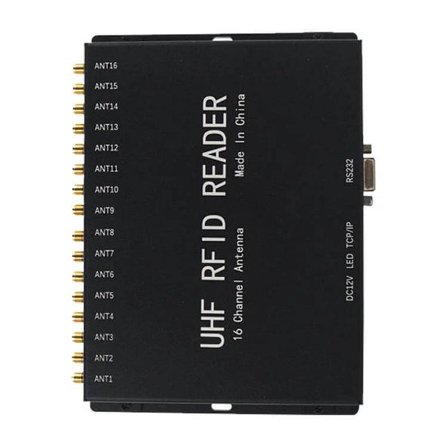 16-Channel UHF RFID Reader for Asset Tracking and Tag Identification black multi-antenna unit for warehouse inventory