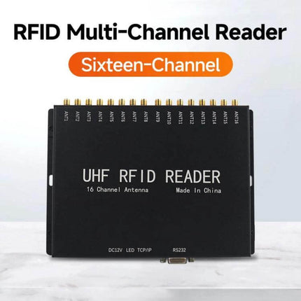 16-Channel UHF RFID Reader for Asset Tracking and Tag Identification on black multi-channel reader with 16 antenna ports for warehouse inventory