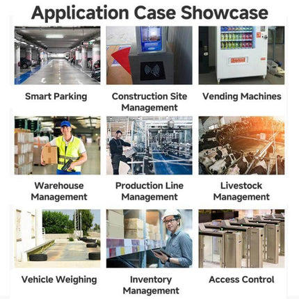 UHF 8-Channel RFID Reader for Industrial Inventory Management showcasing warehouse, production line, vending, livestock, access control use cases