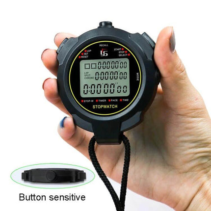 YS Stopwatch Timer for Training, 100 Memories, Black held in hand showing large LCD, lap memory and countdown functions