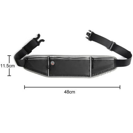 YSU Ultra-Thin Waterproof Phone Waist Bag for Running slim black waist pouch with reflective trim and zippered pockets, 48cm length, 11.5cm height