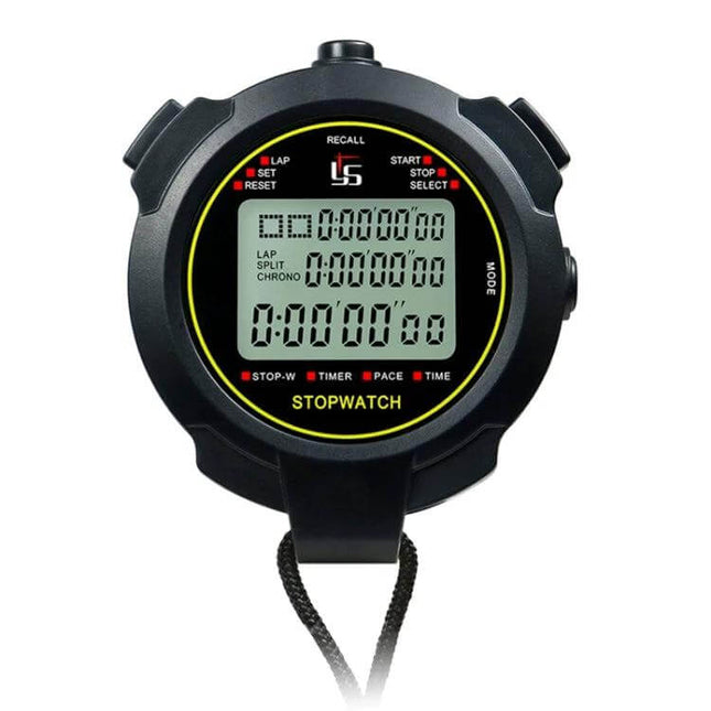 YS Stopwatch Timer for Training, 100 Memories, Black showing large digital display, lap/split readouts, buttons and lanyard for coaching and workouts