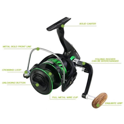 YUMOSHI Gl Series Spinning Reels For Freshwater Fishing Silver compact full-metal spinning reel with folding swing arm and wooden handle