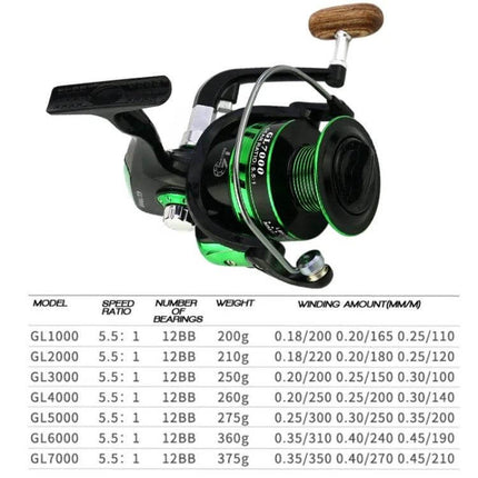 YUMOSHI Gl Series Spinning Reels For Freshwater Fishing Silver compact all-metal silver spinning reel with folding swing arm and wooden handle