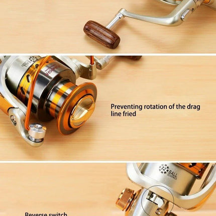 YUMOSHI Spinning Fishing Reel With Interchangeable Rocker Handle showing metal body, interchangeable left-right rocker arm, anti-rotation drag and reverse switch