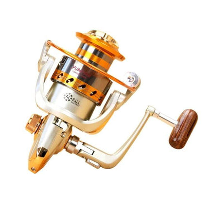 YUMOSHI Spinning Fishing Reel With Interchangeable Rocker Handle – gold metal body, wooden knob, left/right interchangeable handle for freshwater and coastal fishing