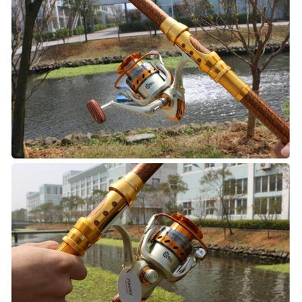 YUMOSHI Spinning Fishing Reel With Interchangeable Rocker Handle mounted on rod by canal, metal body and interchangeable handle for left or right hand use