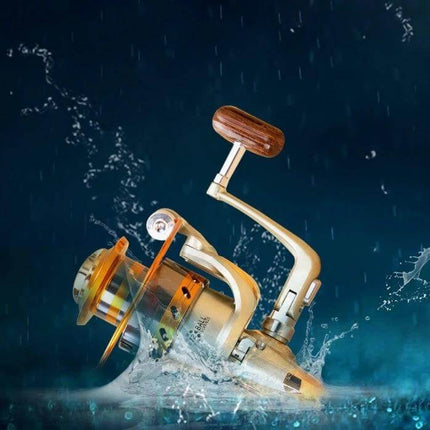 YUMOSHI Spinning Fishing Reel With Interchangeable Rocker Handle shown in water splash, metal body and wooden rocker handle, left/right setup