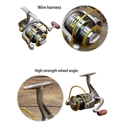 YUMOSHI Spinning Reel With Rocker Handle For Freshwater And Saltwater showing metal body, ambidextrous rocker handle, gold accents and spool close-ups