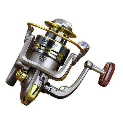 Alt Tag: YUMOSHI Spinning Reel With Rocker Handle For Freshwater And Saltwater — metal body, ambidextrous rocker handle, wood knob, gold accents