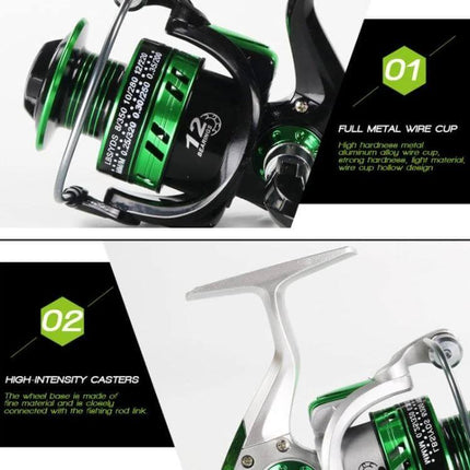 YUMOSHI Gl Series Spinning Reels For Freshwater Fishing Silver compact full-metal spinning reel with green accents, folding swing arm, lake and river use