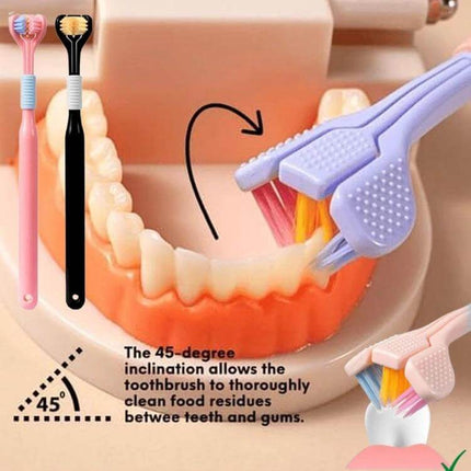 YALINA Three Sided Toothbrush V Shaped Head Everyday Use showing V-shaped three-sided head cleaning teeth model with tongue scraper and ergonomic handle