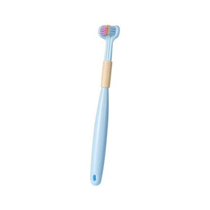 Alt Tag: YALINA Three Sided Toothbrush V Shaped Head Everyday Use - light blue ergonomic handle, three-sided V-shaped head with tongue scraper