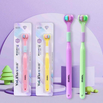 YALINA Three Sided Toothbrush V Shaped Head Everyday Use - pastel 3-sided toothbrushes with tongue scraper for daily brushing