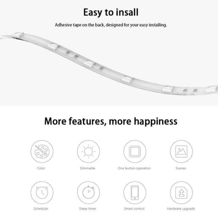 Yeelight Smart WiFi LED Strip Light 1m Extension Remote Control showing adhesive-backed strip and icons for color, dimmable, scenes, scheduler, and app control
