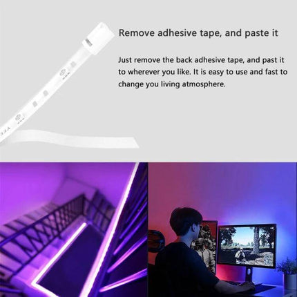 Yeelight Smart WiFi LED Strip Light 1m Extension Remote Control showing adhesive tape, cut-to-fit strip and purple accent lighting behind monitor and stairs