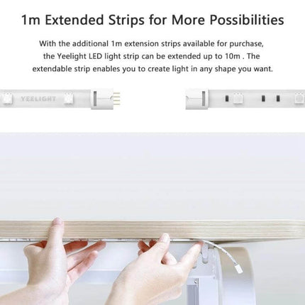 Yeelight Smart WiFi LED Strip Light 1m Extension Remote Control showing hands installing 1m extension strip under shelf with connectors visible