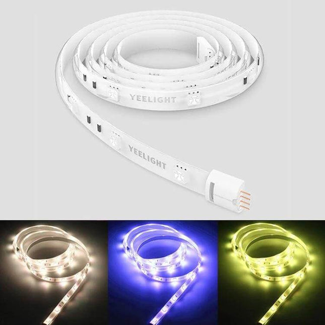 Yeelight Smart WiFi LED Strip Light 1m Extension Remote Control — white coiled LED strip showing connector and warm/blue/green lighting options