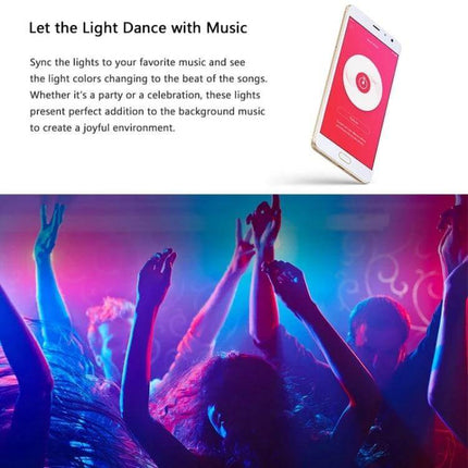 Yeelight Smart WiFi LED Strip Light 1m Extension Remote Control syncing lights to music at a vibrant party scene with smartphone app