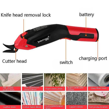 YOURTOOLS Electric Scissors For Clothing, Leather And Carpet Gray - gray cordless cutter with detachable cutter head, battery, switch and charging port for fabrics