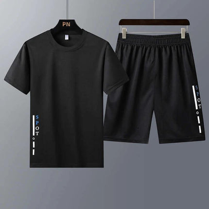 Youth Two Piece Short Sleeve T Shirt Set For Summer black Korean style breathable casual tee and shorts set on hangers
