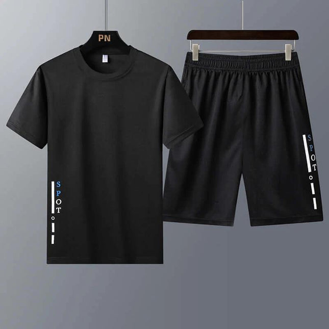 Youth Two Piece Short Sleeve T Shirt Set For Summer black Korean style breathable casual tee and shorts set on hangers