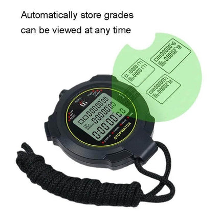 YS Stopwatch Timer for Training, 100 Memories, Black compact stopwatch showing large LCD, lap memory display and braided lanyard