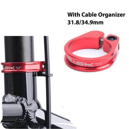 ZTTO Seatpost Clamp 31.8mm Easy to Install for Bike red aluminum alloy with cable organizer shown mounted and standalone