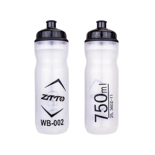 ZTTO 750ml Cycling Water Bottle For Outdoor Riding lightweight BPA free No.5 PP bottle with silicone seals shown in black cap and clear body