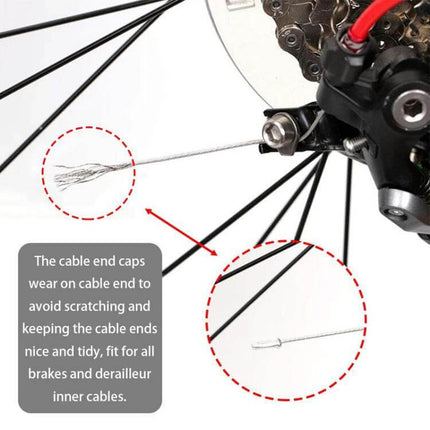 ZTTO Aluminum Bicycle Brake Shifter Bobbin Caps 100 Pack showing cable end cap preventing fraying on road/mountain bike derailleur and brake cable