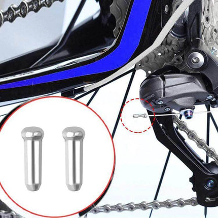 ZTTO Aluminum Bicycle Brake Shifter Bobbin Caps 100 Pack installed on road bike derailleur cable end, silver aluminum cable core caps, 100-pack