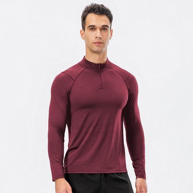 Men's Slim Fit Long-Sleeve Sports Half-Zip for Autumn and Winter Wine Red L