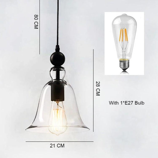 Glass Pendant Light for Kitchen and Dining Rooms at Home clear bell-shaped retro glass pendant over kitchen island, 21cm shade, 80cm cord