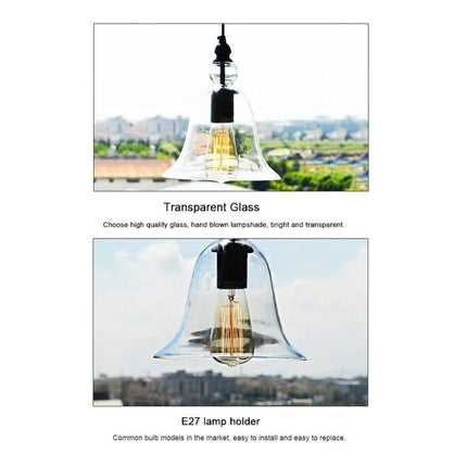 Glass Pendant Light for Kitchen and Dining Rooms at Home - clear bell-shaped glass pendant over table, retro E27 bulb