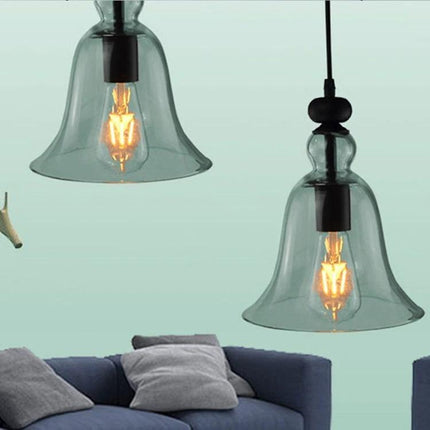 Glass Pendant Light for Kitchen and Dining Rooms at Home - clear bell-shaped retro glass pendant over sofa and dining area