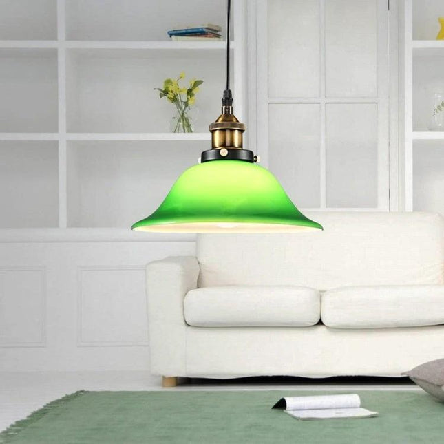 Vintage Emerald Glass Pendant Light for Home Dining Areas - hand-crafted wavy emerald shade with lace detailing over dining table