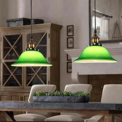 Vintage Emerald Glass Pendant Light for Home Dining Areas with wavy lace glass shade over wooden dining table