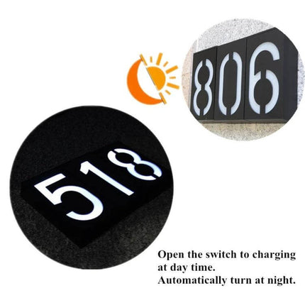 Solar Door Plate Light For House Numbers Outdoor Night Use showing illuminated address plaque with 69 LEDs, weatherproof solar-powered number light