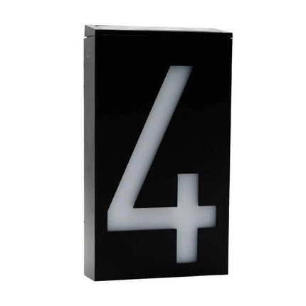 Solar Door Plate Light For House Numbers Outdoor Night Use black rectangular illuminated house number 4 with built-in solar panel and weatherproof LED enclosure