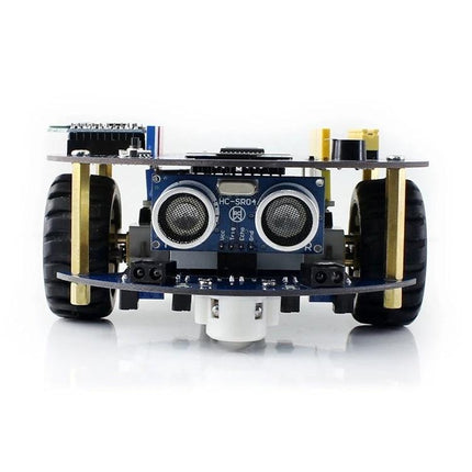 Waveshare AlphaBot2 Robot Kit for Arduino Building Projects shown front with ultrasonic sensor, wheels and chassis for line tracking and obstacle avoidance