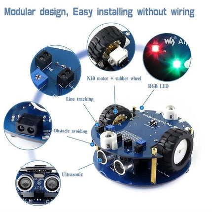 Waveshare AlphaBot2 Robot Kit for Arduino Building Projects showing modular chassis, N20 motors, line tracking, obstacle avoidance and RGB LED features