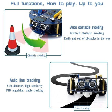 Waveshare AlphaBot2 Robot Kit for Arduino Building Projects showing line tracking and auto obstacle avoiding features