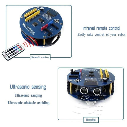 Waveshare AlphaBot2 Robot Kit for Arduino Building Projects showing round robot chassis with IR remote and ultrasonic sensor